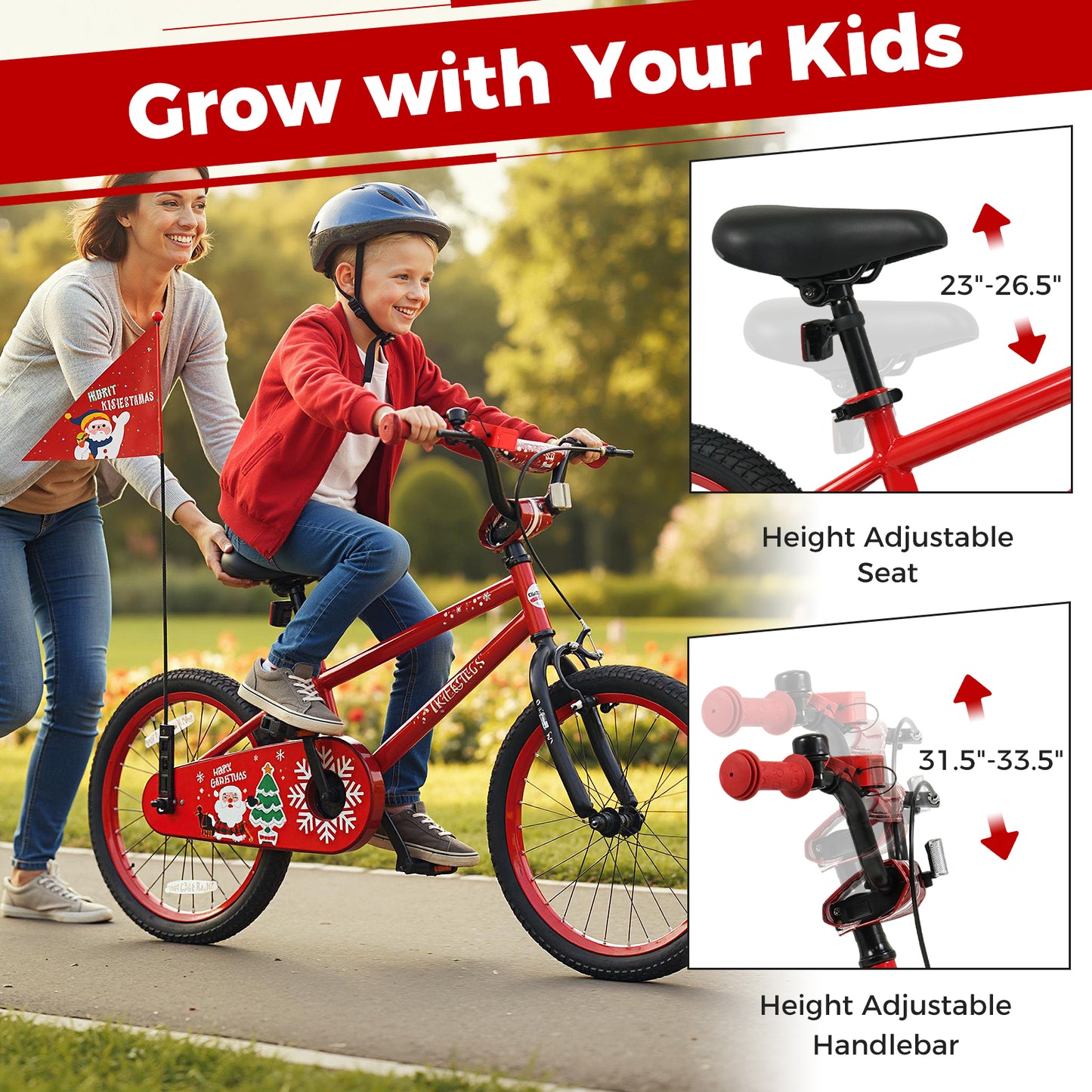 18 Inch Kids Bike Adjustable with Christmas Music & Flag for Aged 4-8 Years Old, Red Kids Bike at Gallery Canada