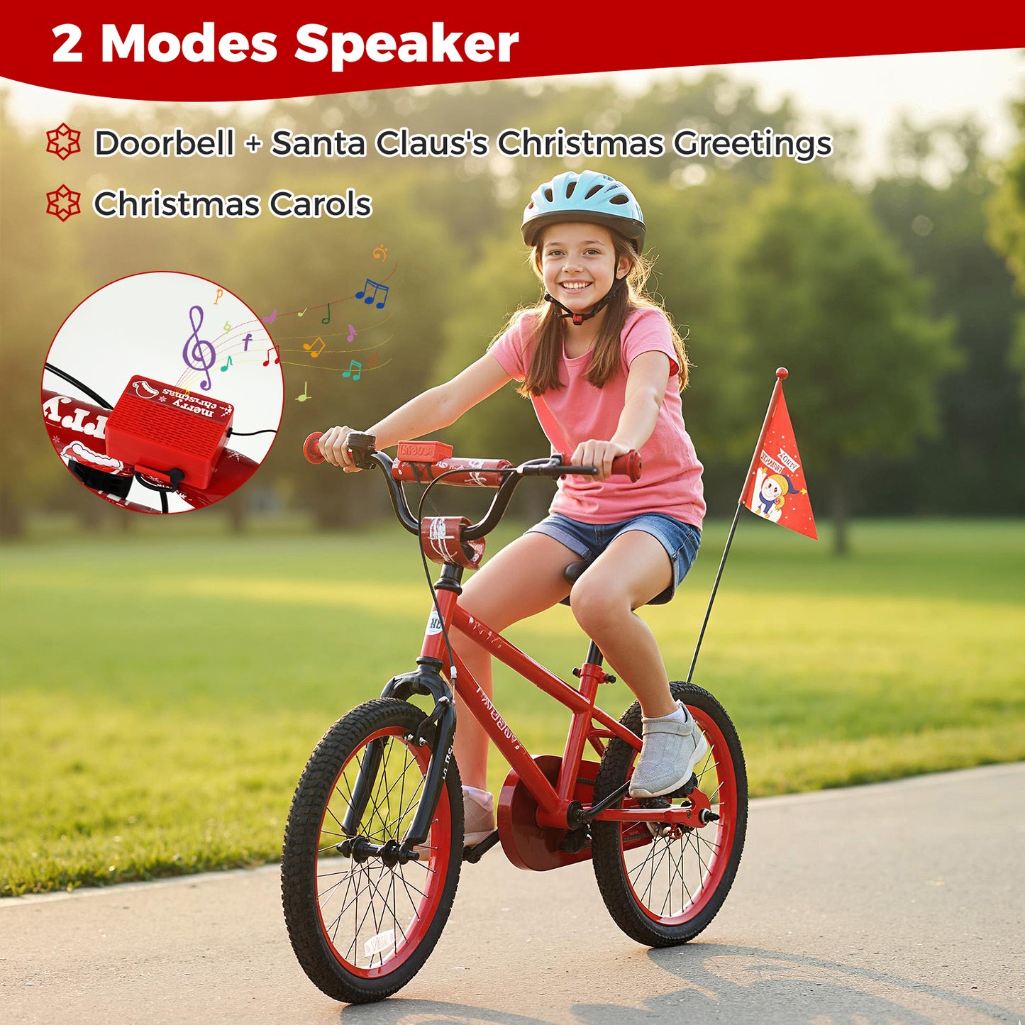 18 Inch Kids Bike Adjustable with Christmas Music & Flag for Aged 4-8 Years Old, Red Kids Bike at Gallery Canada