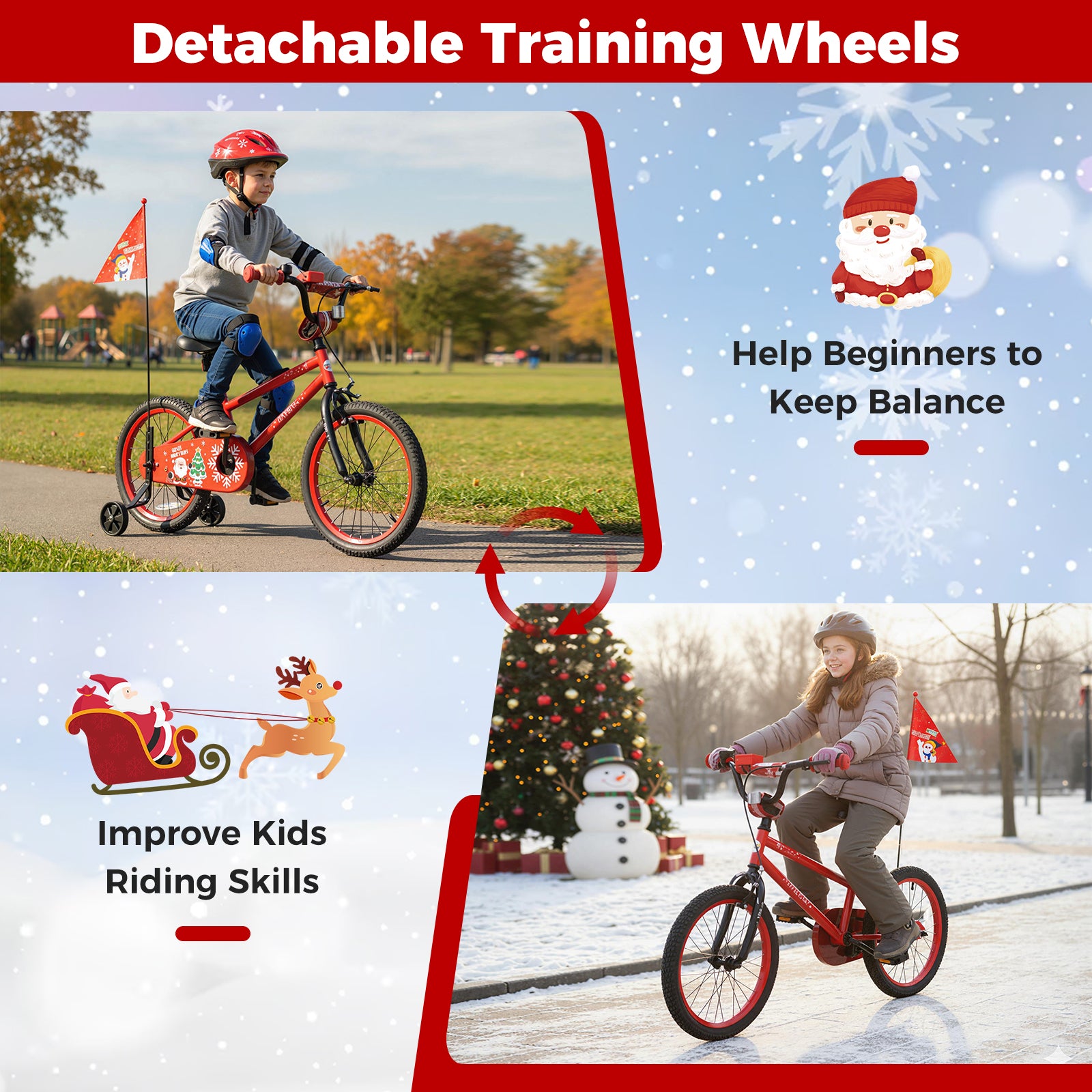 18 Inch Kids Bike Adjustable with Christmas Music & Flag for Aged 4-8 Years Old, Red Kids Bike at Gallery Canada
