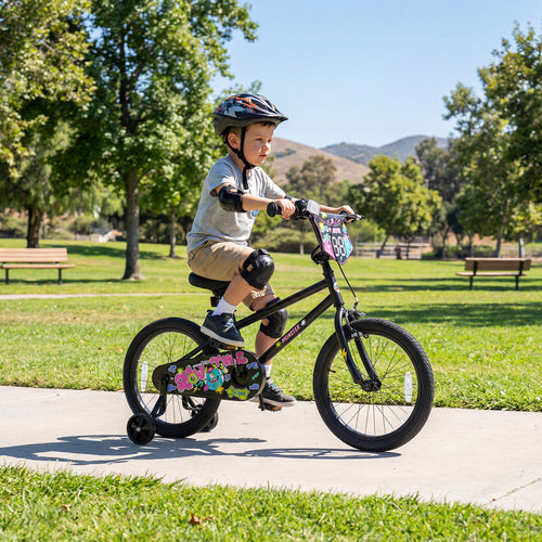 18 Inch Kids Bike with Training Wheels for Ages 4-8 Years Old Black- Street Art Time, Black
