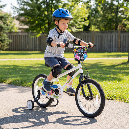 18 Inch Kids Bike with Training Wheels for Ages 4-8 Years Old White- Street Art Time, White