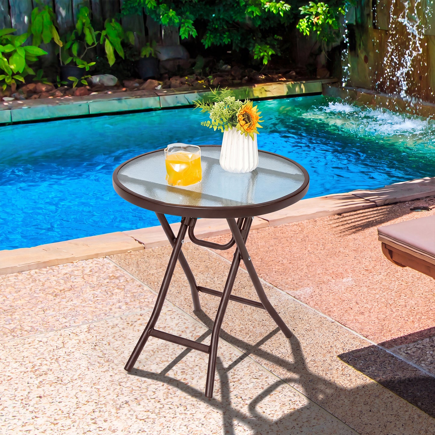 18-Inch Round Patio Side Table with Tempered Glass Top, Brown Patio Coffee Tables at Gallery Canada
