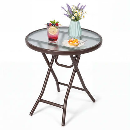 18-Inch Round Patio Side Table with Tempered Glass Top, Brown Patio Coffee Tables Brown at Gallery Canada