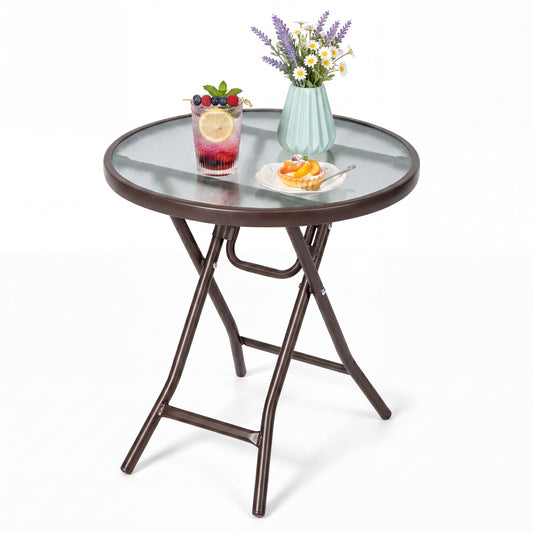 18-Inch Round Patio Side Table with Tempered Glass Top, Brown Patio Coffee Tables Brown at Gallery Canada