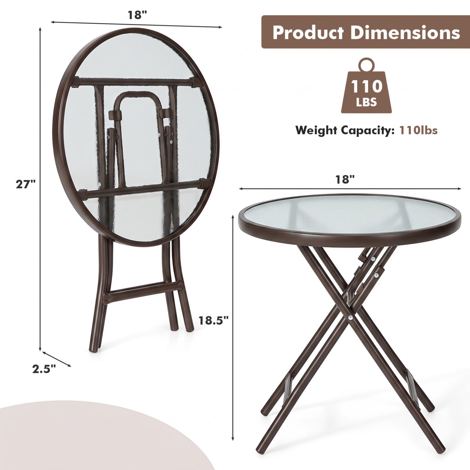 18-Inch Round Patio Side Table with Tempered Glass Top, Brown Patio Coffee Tables at Gallery Canada