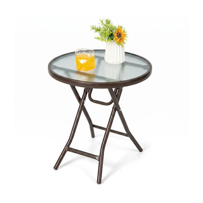 18-Inch Round Patio Side Table with Tempered Glass Top, Brown Patio Coffee Tables at Gallery Canada