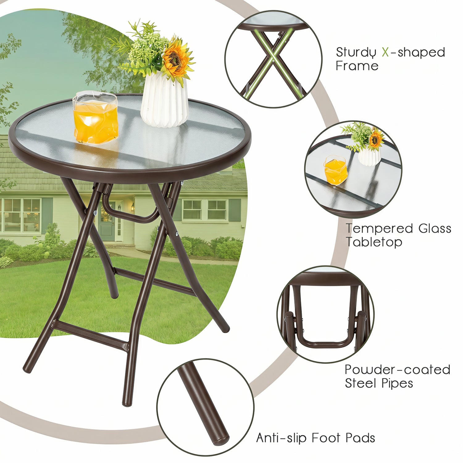 18-Inch Round Patio Side Table with Tempered Glass Top, Brown Patio Coffee Tables at Gallery Canada