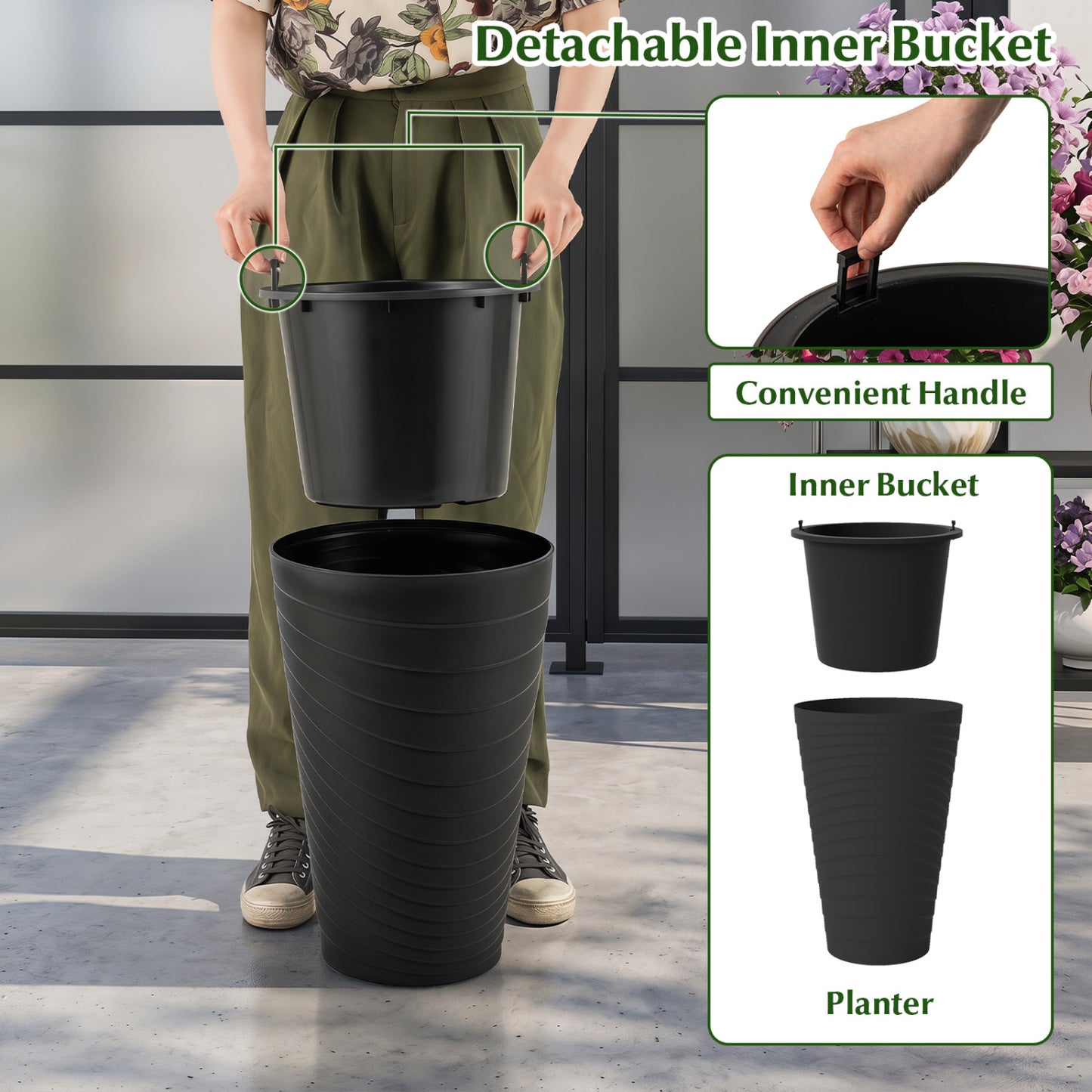 18" Tall Flower Pot Set of 2 with Insert Bucket, Black Raised Garden Beds at Gallery Canada