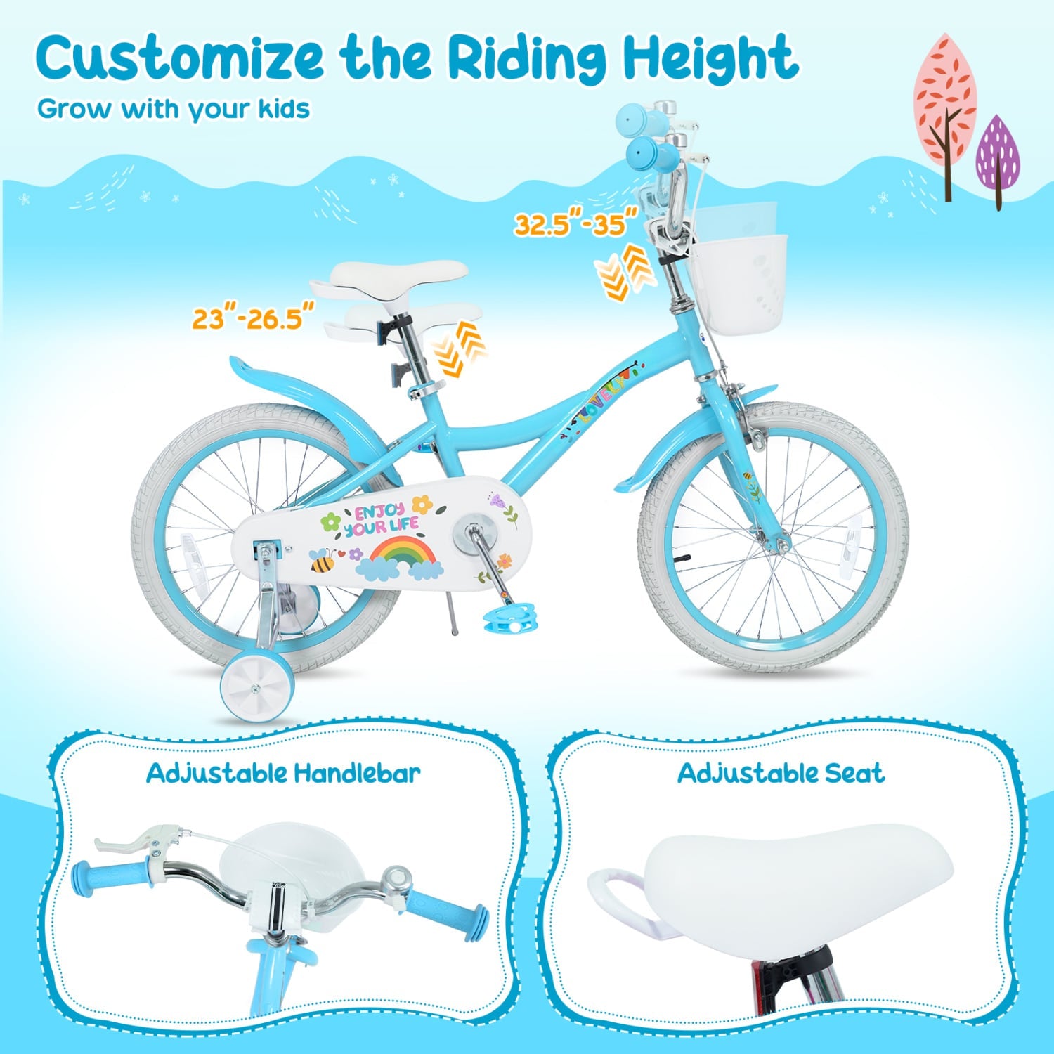 18 Inch Girls Bike with Basket, Blue Kids Bike at Gallery Canada