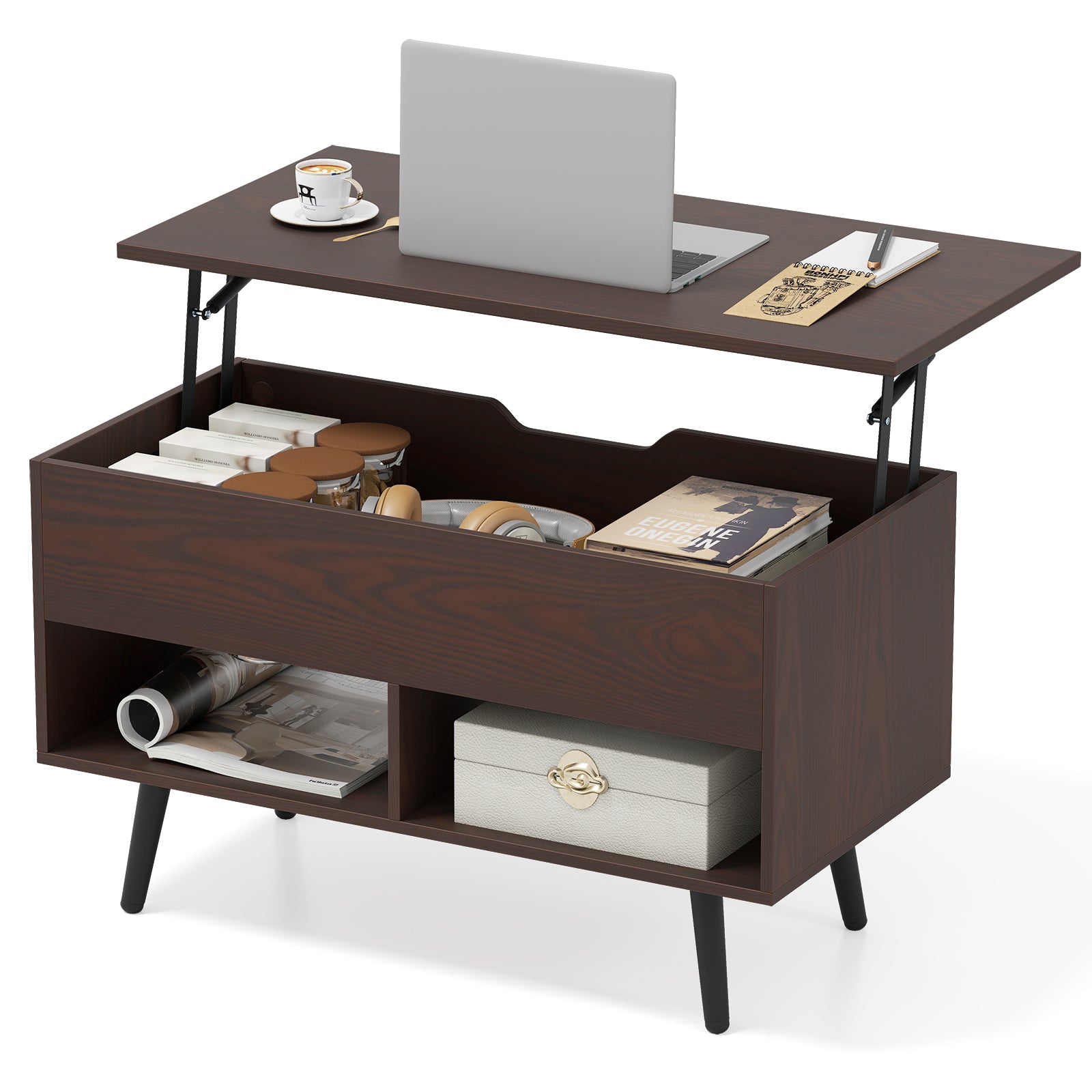 31.5 Inch Lift-Top Coffee Table, Hidden Storage, 2 Open Shelves, Brown Living Room at Gallery Canada