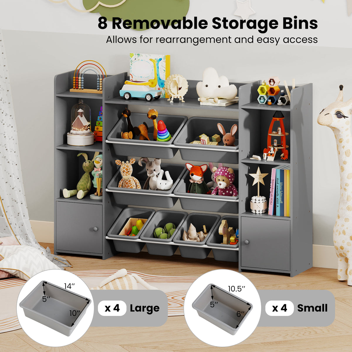 56 Inch Large Toy Storage Organizer, 8 Removable Bins, Bookshelf, Gray Kids Storage at Gallery Canada