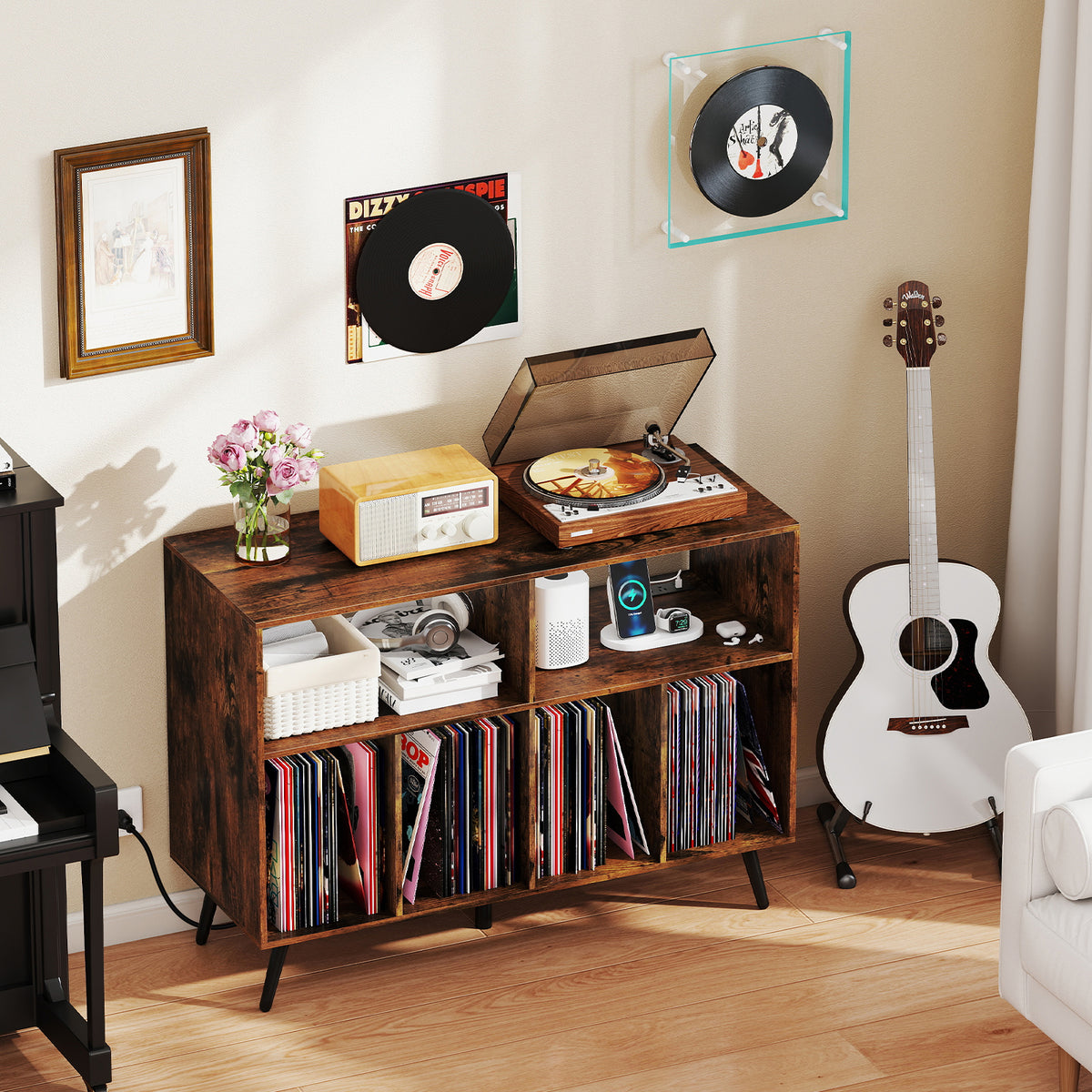 Record Player Stand With Charging Station, Open Shelves, Rustic Brown End & Side Tables at Gallery Canada