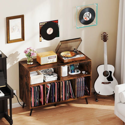 Record Player Stand With Charging Station, Open Shelves, Rustic Brown End & Side Tables at Gallery Canada