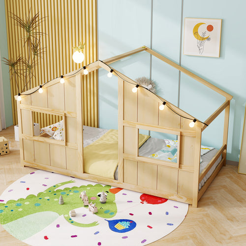 Twin Size House Bed With LED Lights, Montessori Slat-Free Floor Bed, Natural