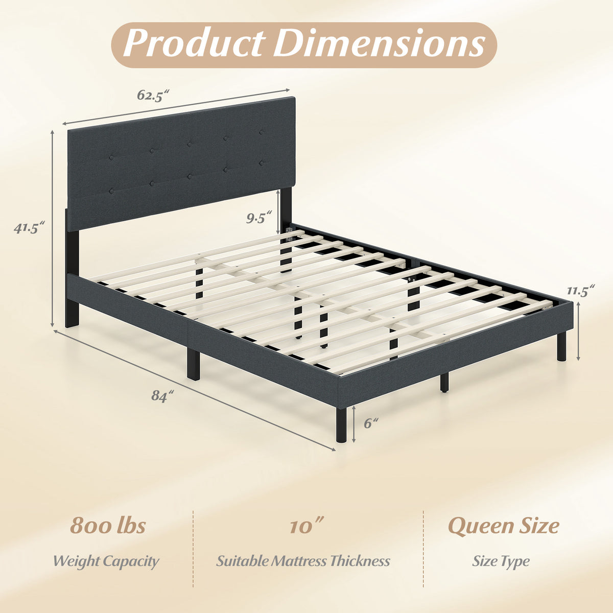 Queen Size Upholstered Bed Frame, Platform Bed, Dark Gray Simple Bed Frame at Gallery Canada