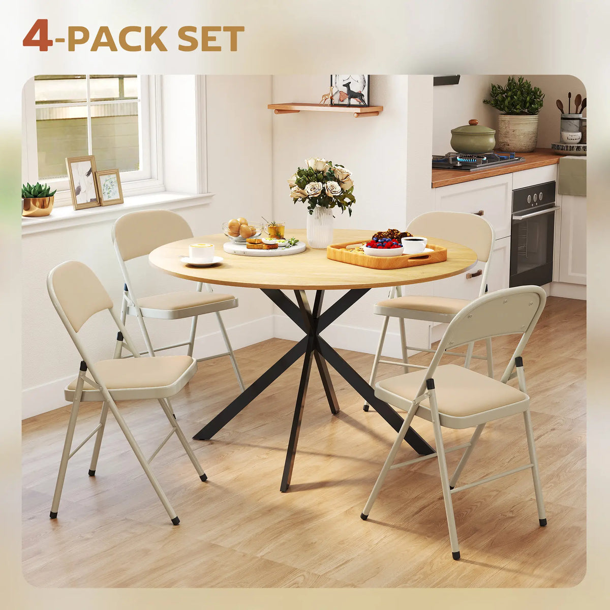 4 Pack Folding Chairs, Padded Seats, Velvet, Steel Frame, Beige Dining Chairs at Gallery Canada