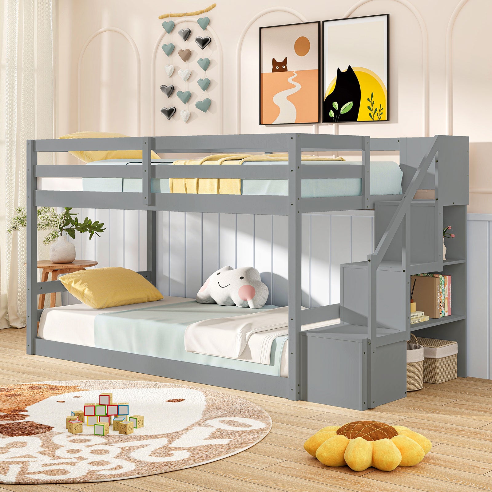 Twin Over Twin Low Bunk Bed With Storage Stairs, Solid Wood Frame, Gray Bunk Bed Frame at Gallery Canada