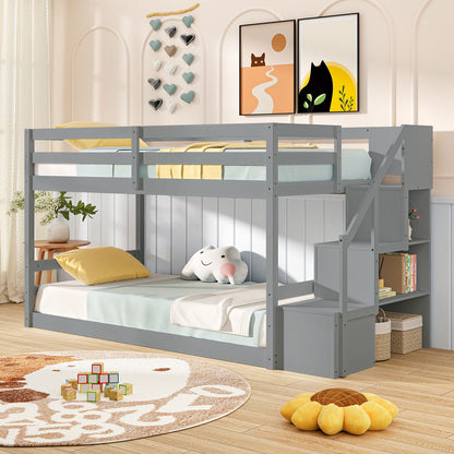 Twin Over Twin Low Bunk Bed With Storage Stairs, Solid Wood Frame, Gray Bunk Bed Frame at Gallery Canada