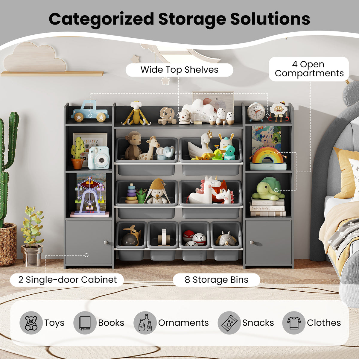 56 Inch Large Toy Storage Organizer, 8 Removable Bins, Bookshelf, Gray Kids Storage at Gallery Canada