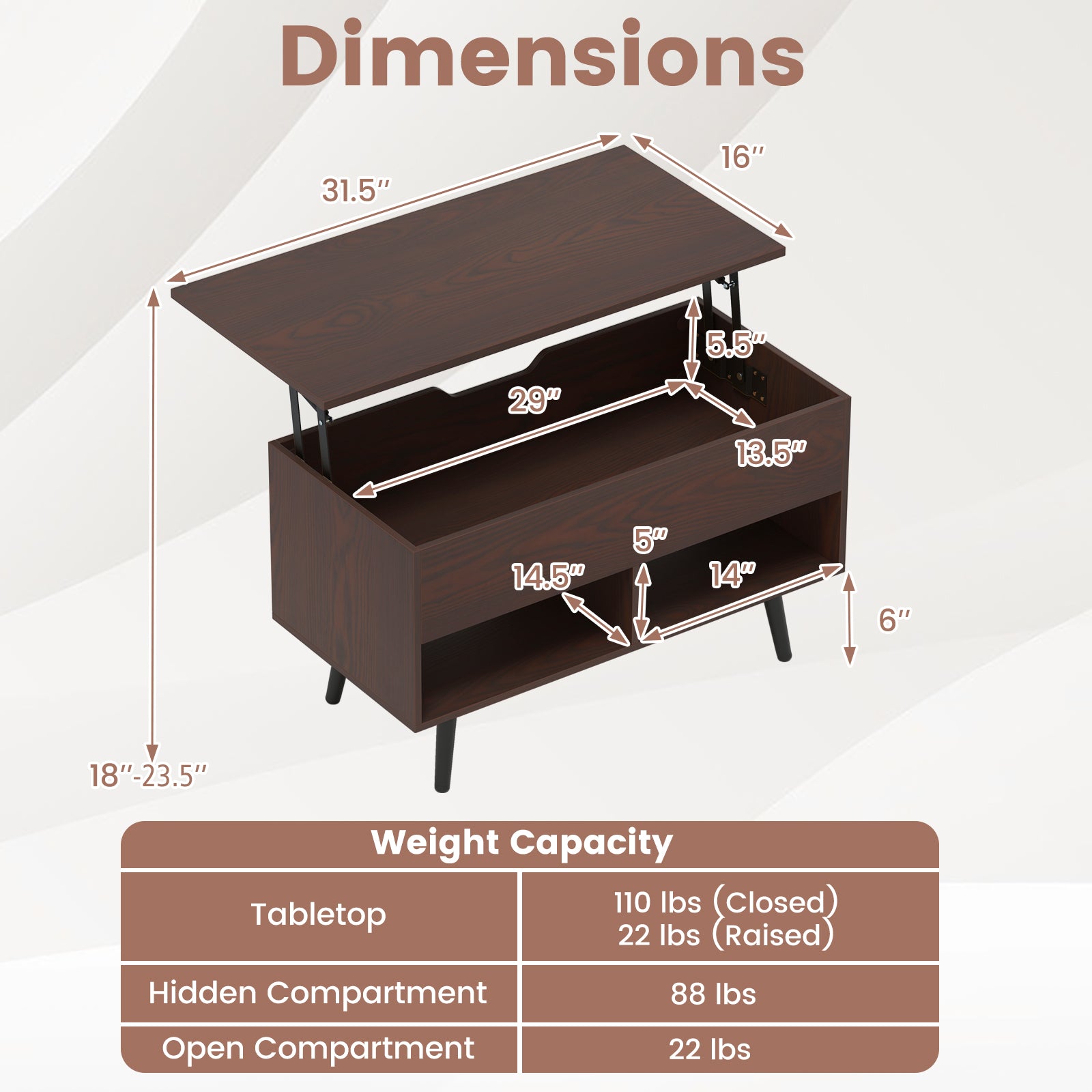 31.5 Inch Lift-Top Coffee Table, Hidden Storage, 2 Open Shelves, Brown Living Room at Gallery Canada