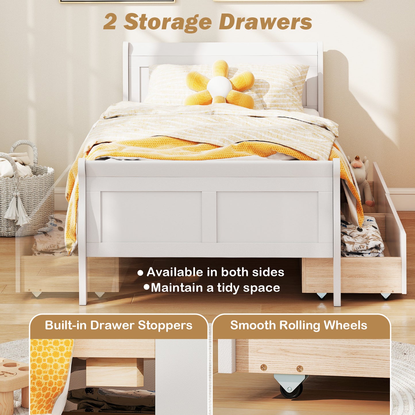 Twin Size Sleigh Bed, 2 Storage Drawers, Wood Platform Frame, White Simple Bed Frame at Gallery Canada