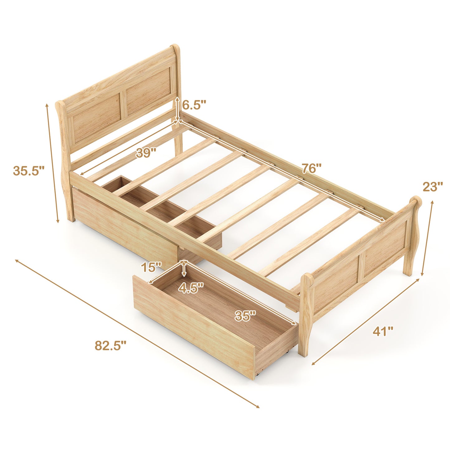 Twin Sleigh Bed With 2 Storage Drawers, Wood Platform Frame, Natural Simple Bed Frame at Gallery Canada