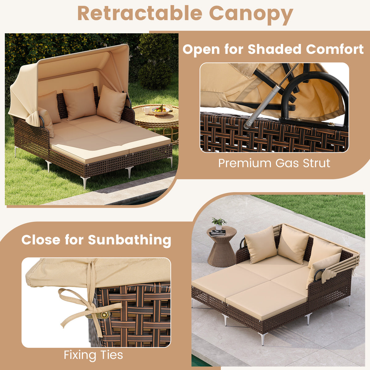 Outdoor Daybed With Retractable Canopy, Brown Outdoor Chaise Lounges at Gallery Canada