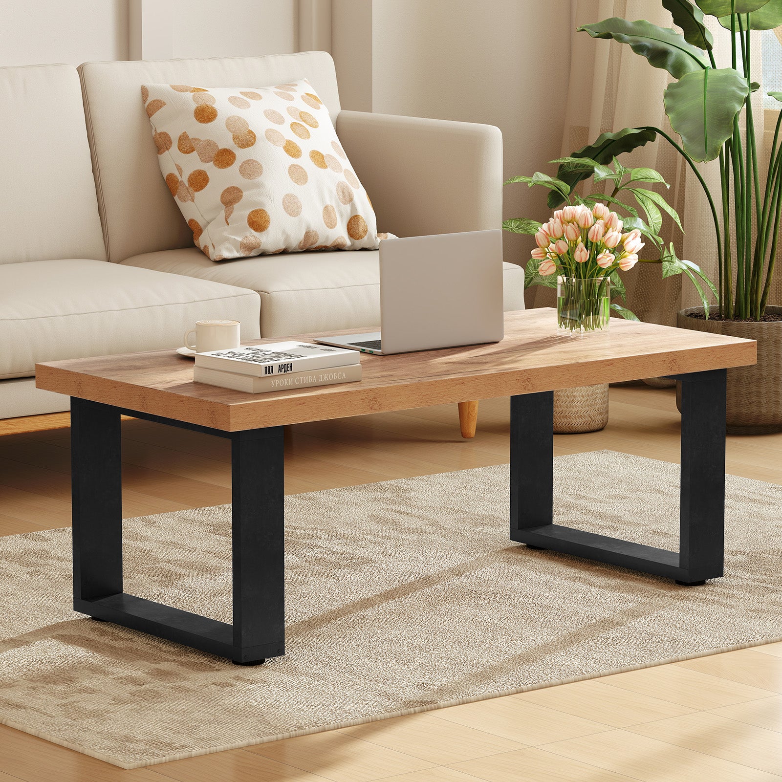 47 Inch Farmhouse Coffee Table, Thickened Tabletop, Natural Wood Texture, Oak Coffee Tables at Gallery Canada