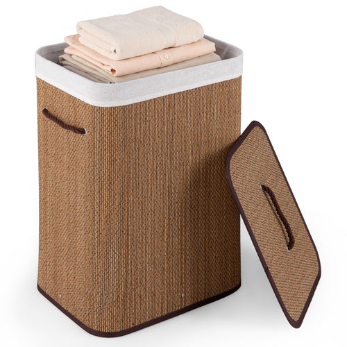 19 Gal Capacity Bamboo Clothes Hamper with Removable Liner and Portable Handles, Brown