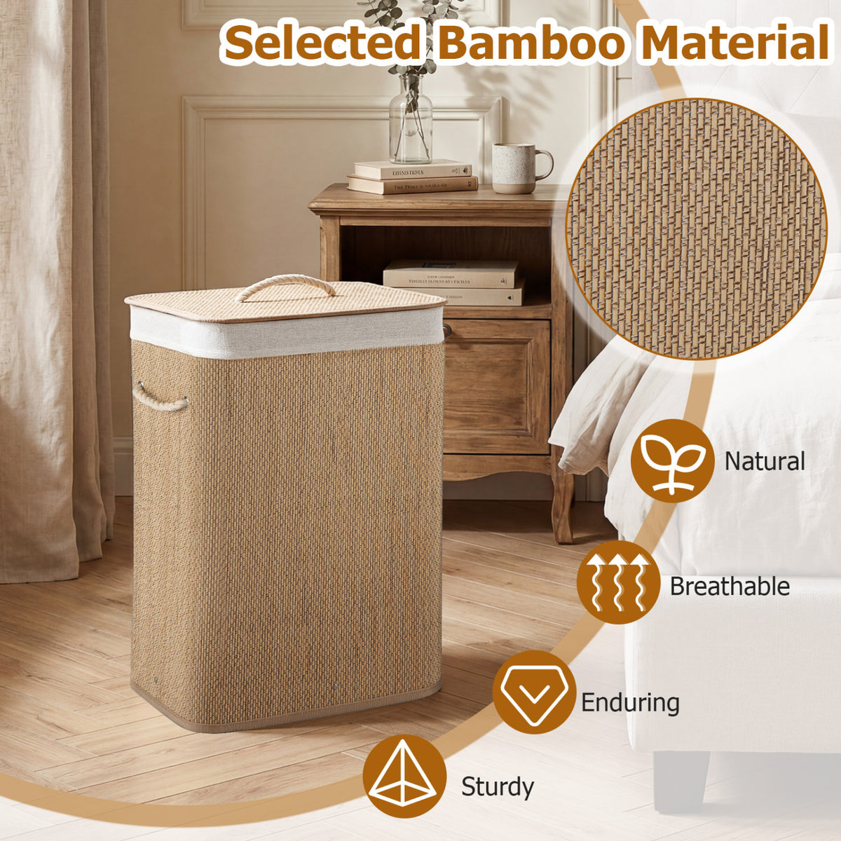 19 Gal Capacity Bamboo Clothes Hamper with Removable Liner and Portable Handles-Natrual, Natural Laundry Baskets at Gallery Canada