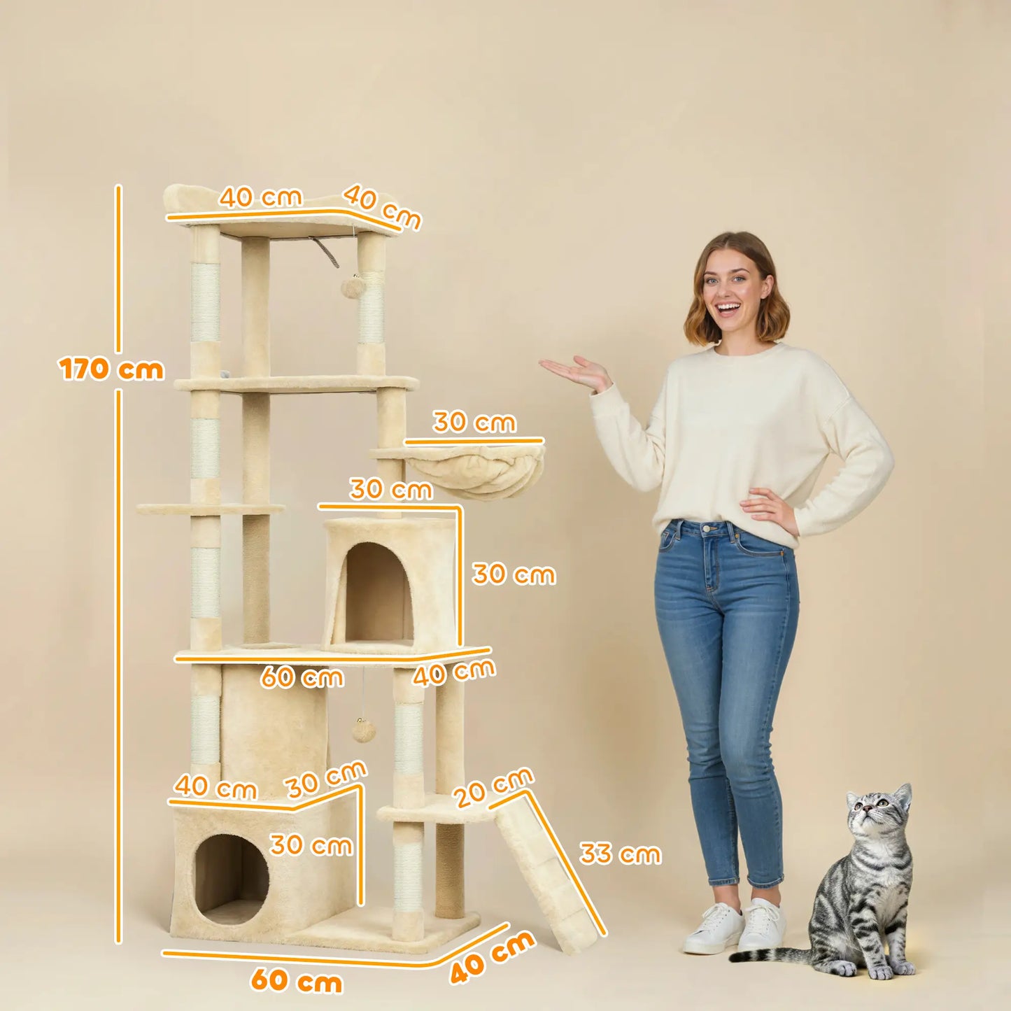 67" Large Cat Tree with 7 Scratching Posts, Tunnel, 2 Condos, Hammock, Perch, Ramp, Pompoms, Beige Multi-Level Cat Towers at Gallery Canada