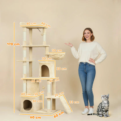 67" Large Cat Tree with 7 Scratching Posts, Tunnel, 2 Condos, Hammock, Perch, Ramp, Pompoms, Beige Multi-Level Cat Towers at Gallery Canada