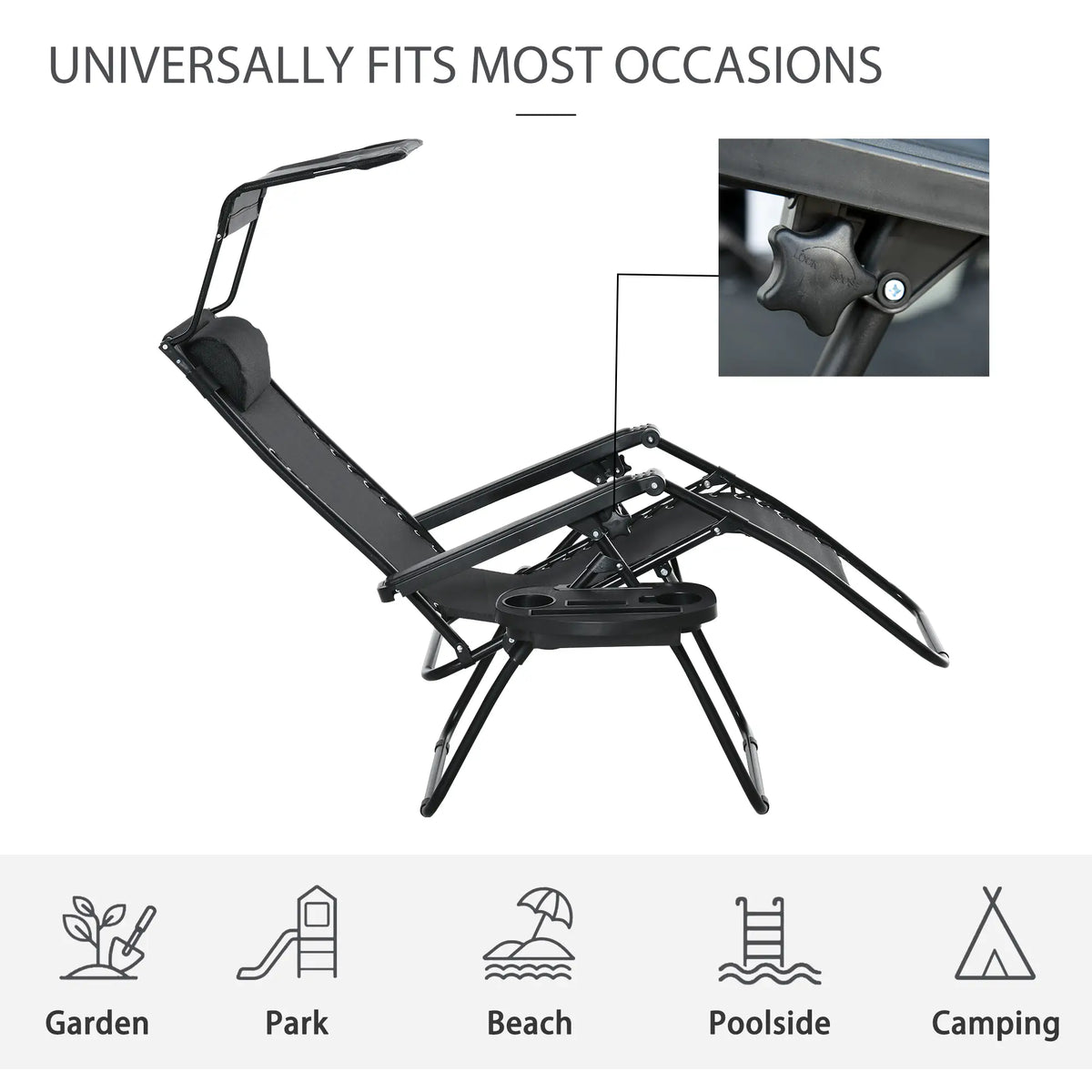 Zero Gravity Reclining Lounger Chair, Canopy Shade, Side Tray, Cupholder, Black Lounger Chairs at Gallery Canada