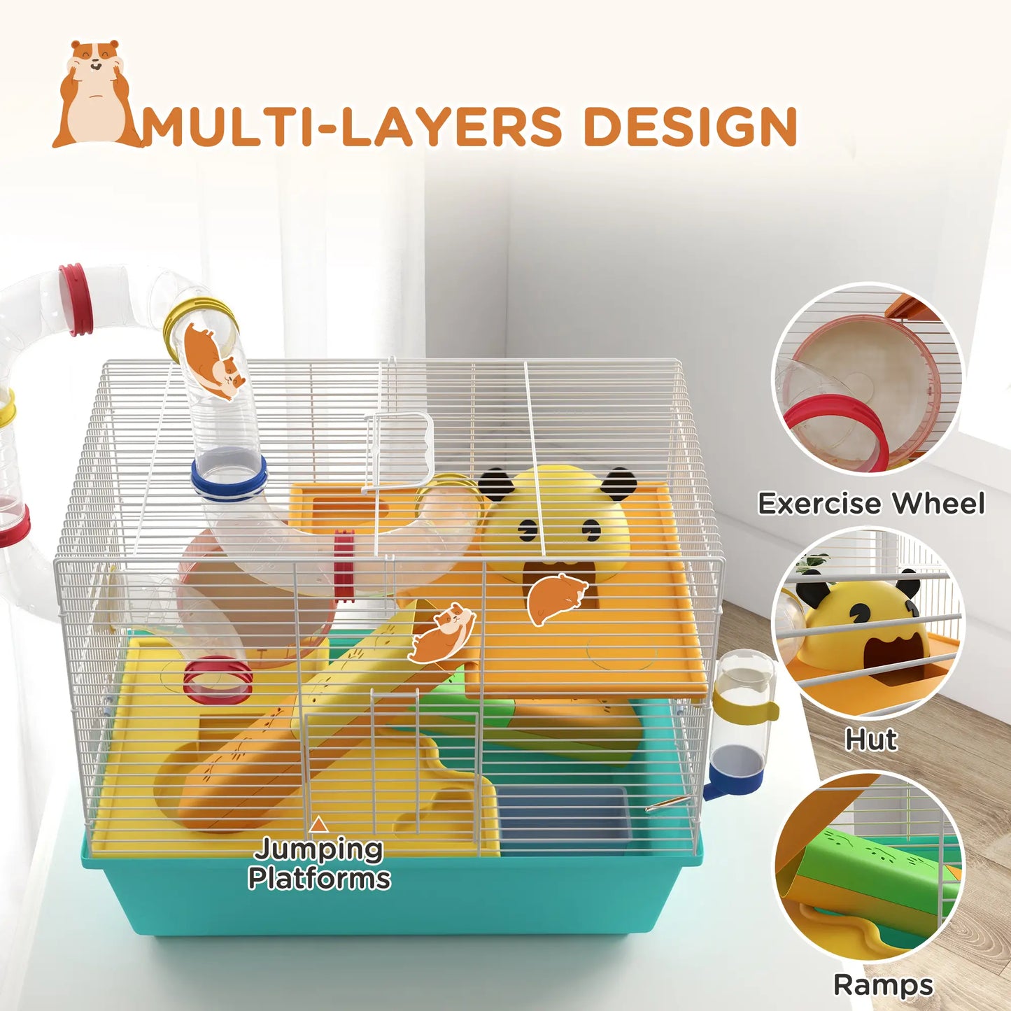 3 Tier Hamster Cage With Tunnels, Water Bottle, Exercise Wheel, 18" x 11" x 15", Light Blue Hamster Cages at Gallery Canada