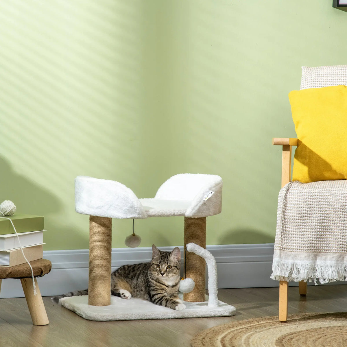 Small Cat Tower Condo, Jute Scratching Posts, Top Perch, Dangling Balls, White Cat Trees at Gallery Canada