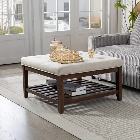 32 Inch Ottoman Coffee Table, Beige Linen Upholstered Storage Footstool, Beige Coffee Tables Beige, Brown at Gallery Canada