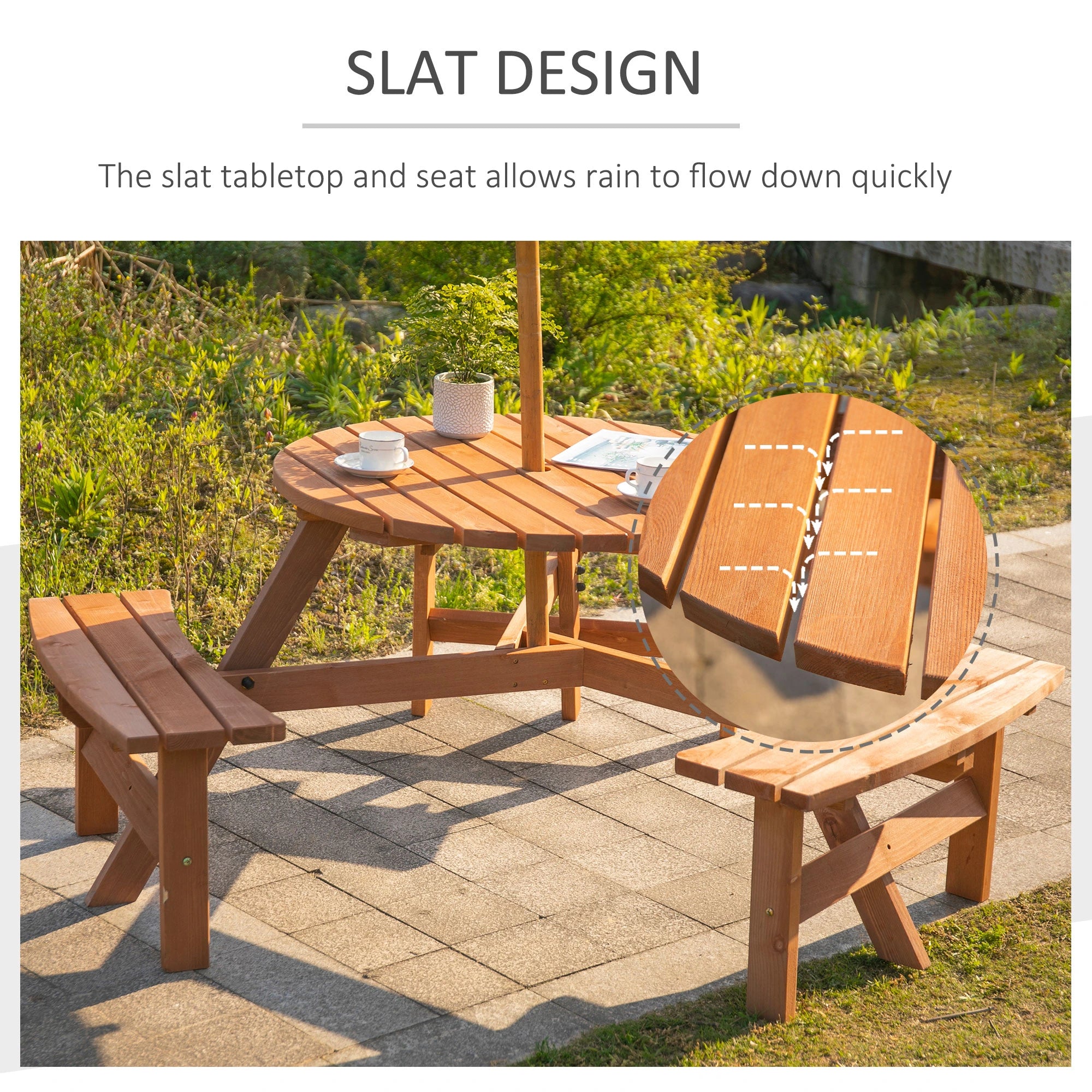 6 Person Round Picnic Table, Wood Patio Set with Umbrella Hole, Brown Outdoor Dining Sets at Gallery Canada