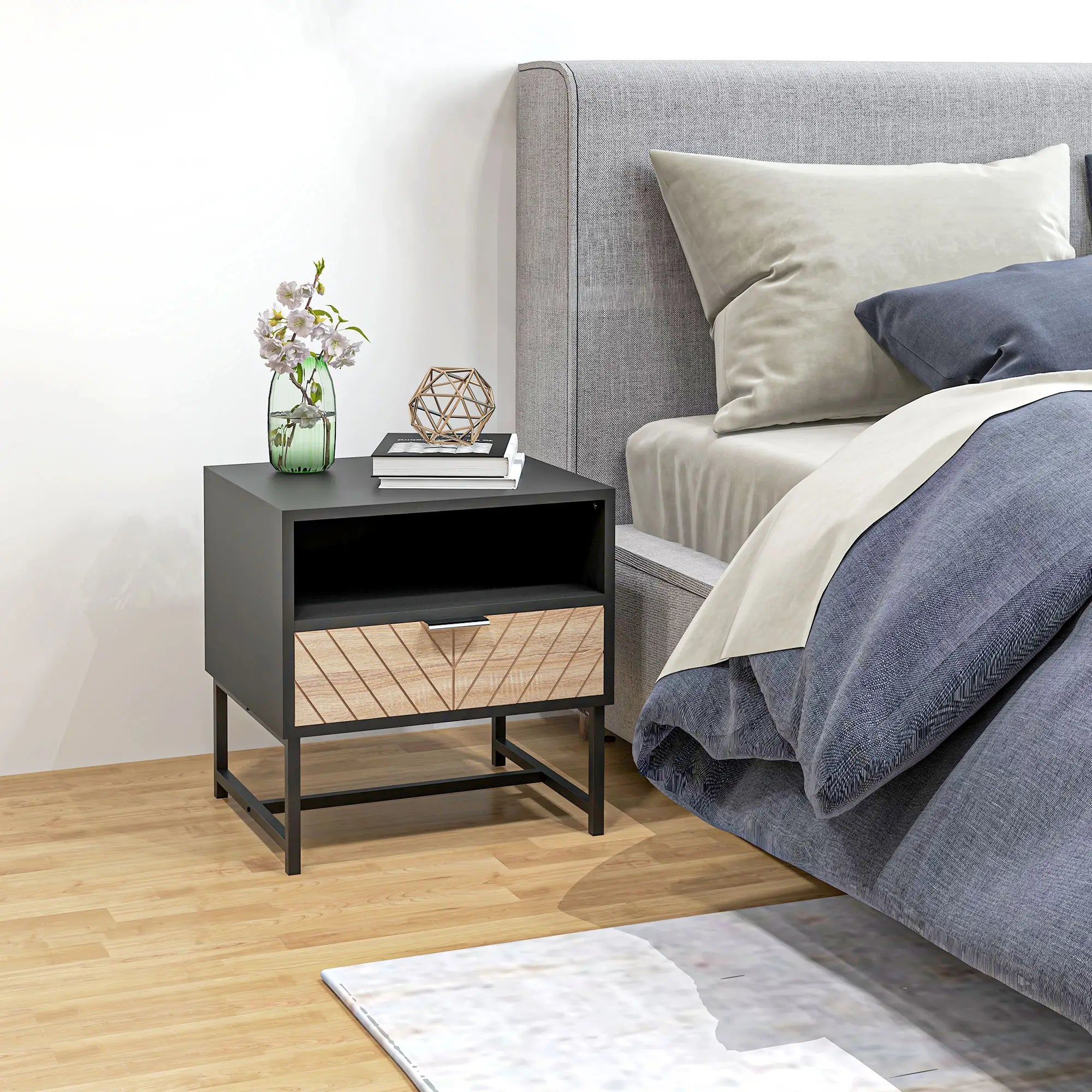 Modern Bedside Table With Drawer, Black And Oak, Black And Oak Bedside Tables at Gallery Canada