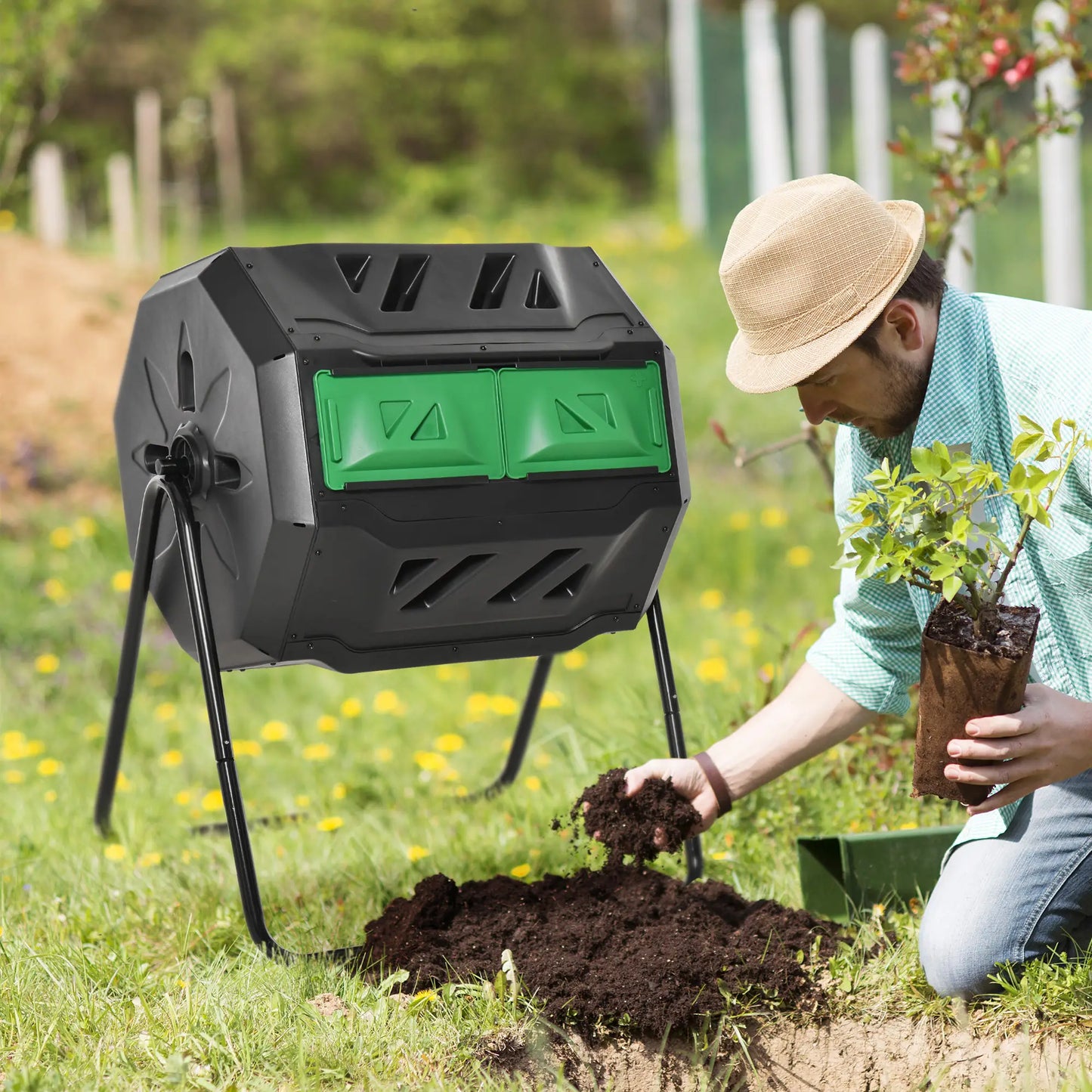 Dual Chamber 360° Rotating Compost Bin, 43 Gallon, Green Outdoor Compost Bin at Gallery Canada