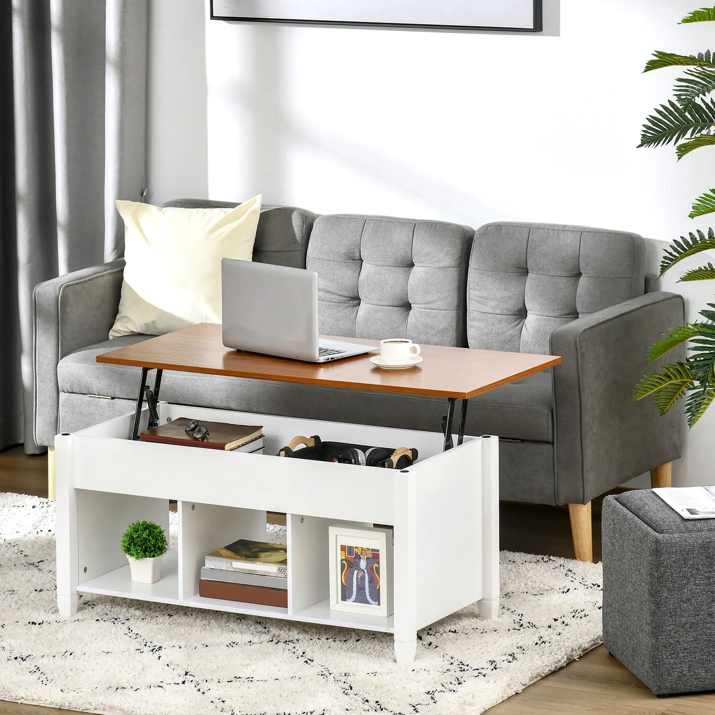 Lift Top Coffee Table, Hidden Storage, 3 Shelves, White and Brown Coffee Tables at Gallery Canada