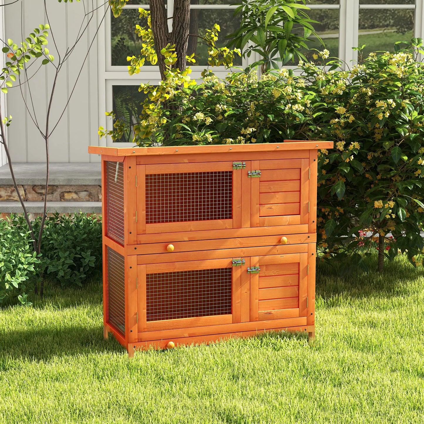 2-Tier Wooden Rabbit Hutch, Small Animal House, Bunny Pet Cage, 2 Rooms, Sliding Tray, Opening Top, Yellow Rabbit Hutch at Gallery Canada
