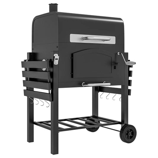 Charcoal Smoker, Adjustable Height, Folding Shelves, Thermometer, Wheels, Black