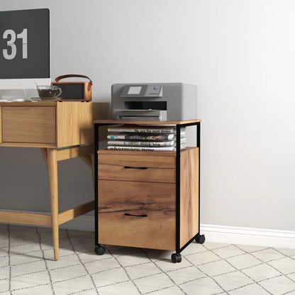 Vertical Filing Cabinet with Wheels, 26.2", 2 Drawers, Open Shelf, Rustic Brown Office Cabinets & Cupboards at Gallery Canada