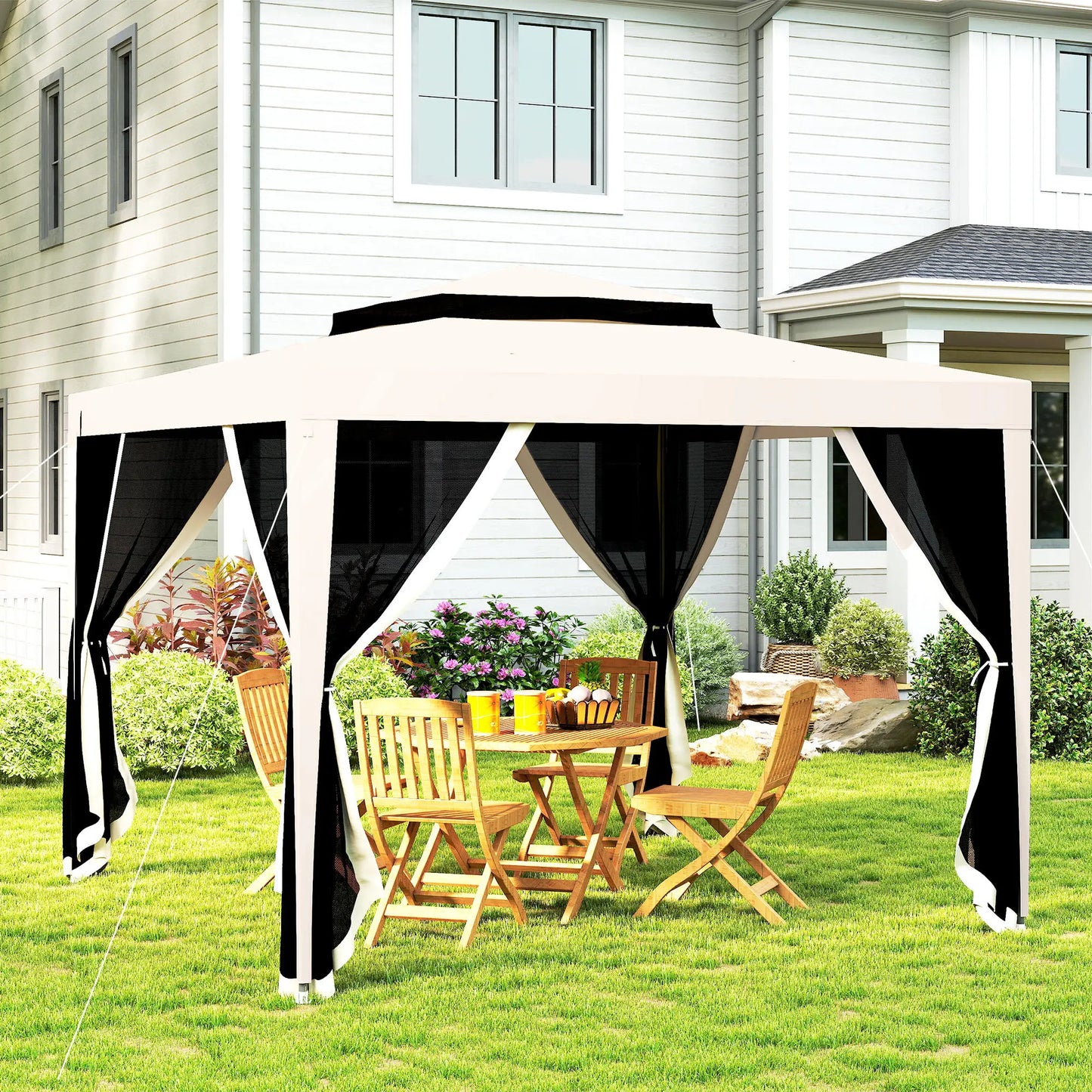 10' x 10' Outdoor Canopy Tent, Mesh Netting, Double Tier Roof, Cream White Gazebos at Gallery Canada