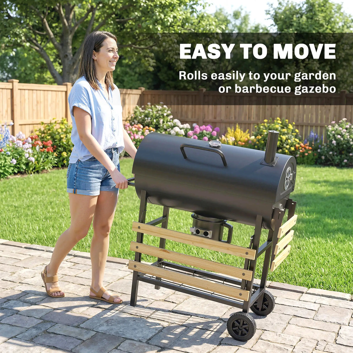Charcoal BBQ Grill With Foldable Shelves, Warming Rack, Thermometer, Wheels