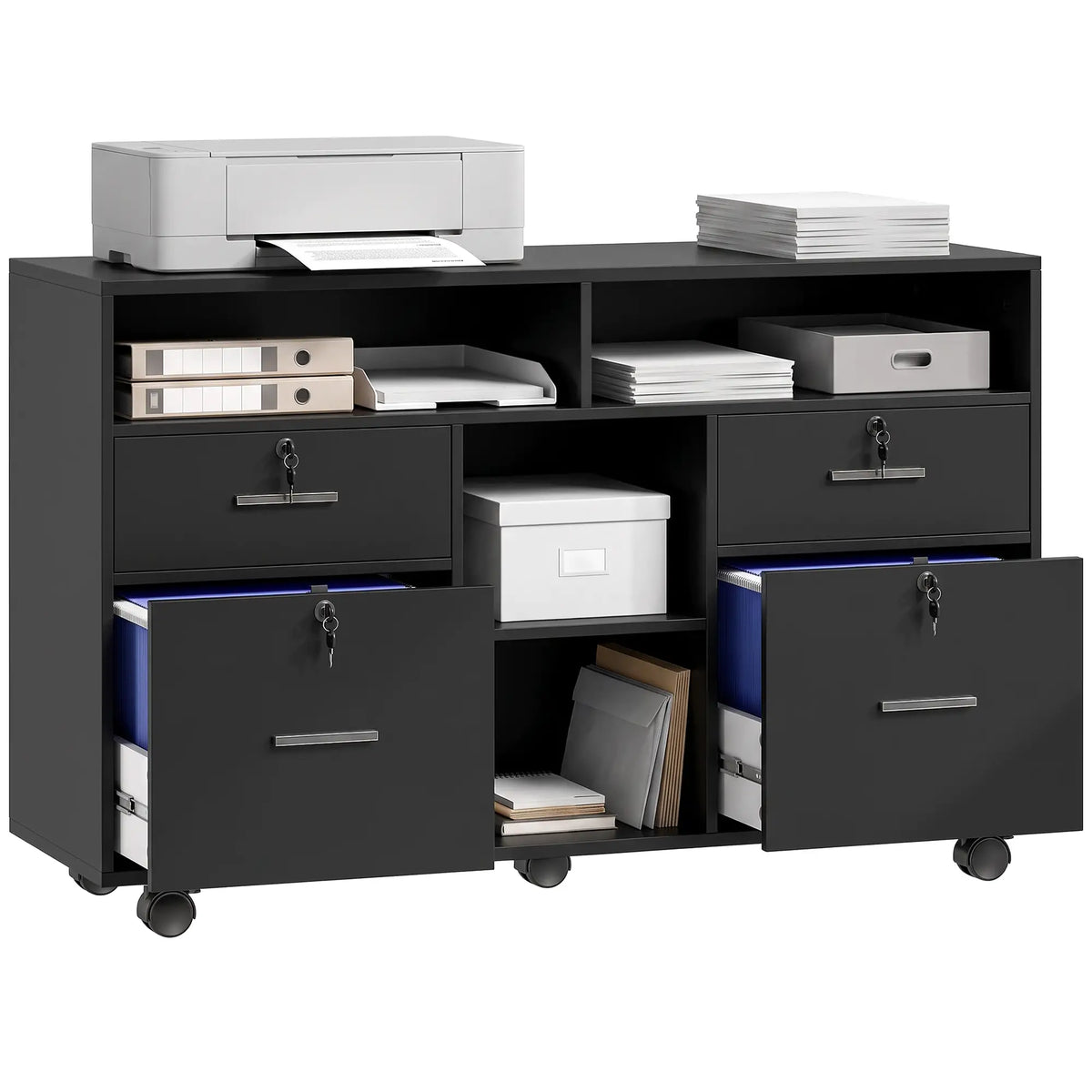 Filing Cabinet Locking Drawers Open Shelves 5 Casters, Black Office Cabinets & Cupboards Black at Gallery Canada