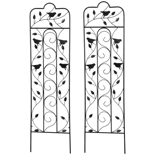 2 Pack Garden Trellis, Metal Grid Panels with Birds, Leaves, 59" Tall Plant Stands Black at Gallery Canada