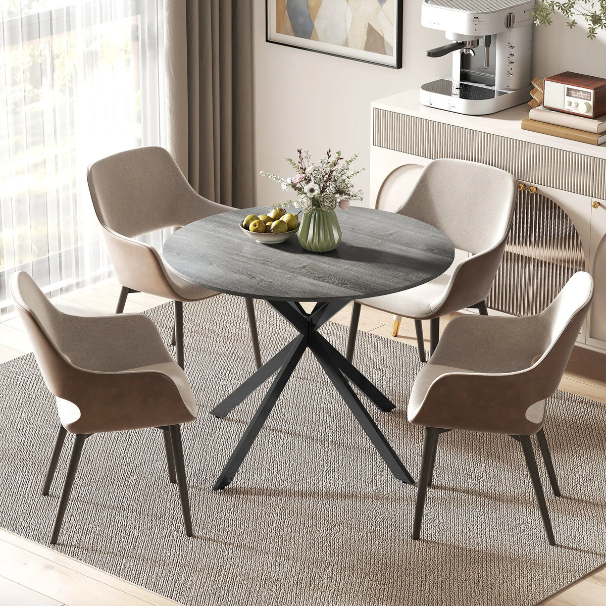 40" Round Kitchen Table For 4, Industrial Dining Table, Distressed, Grey
