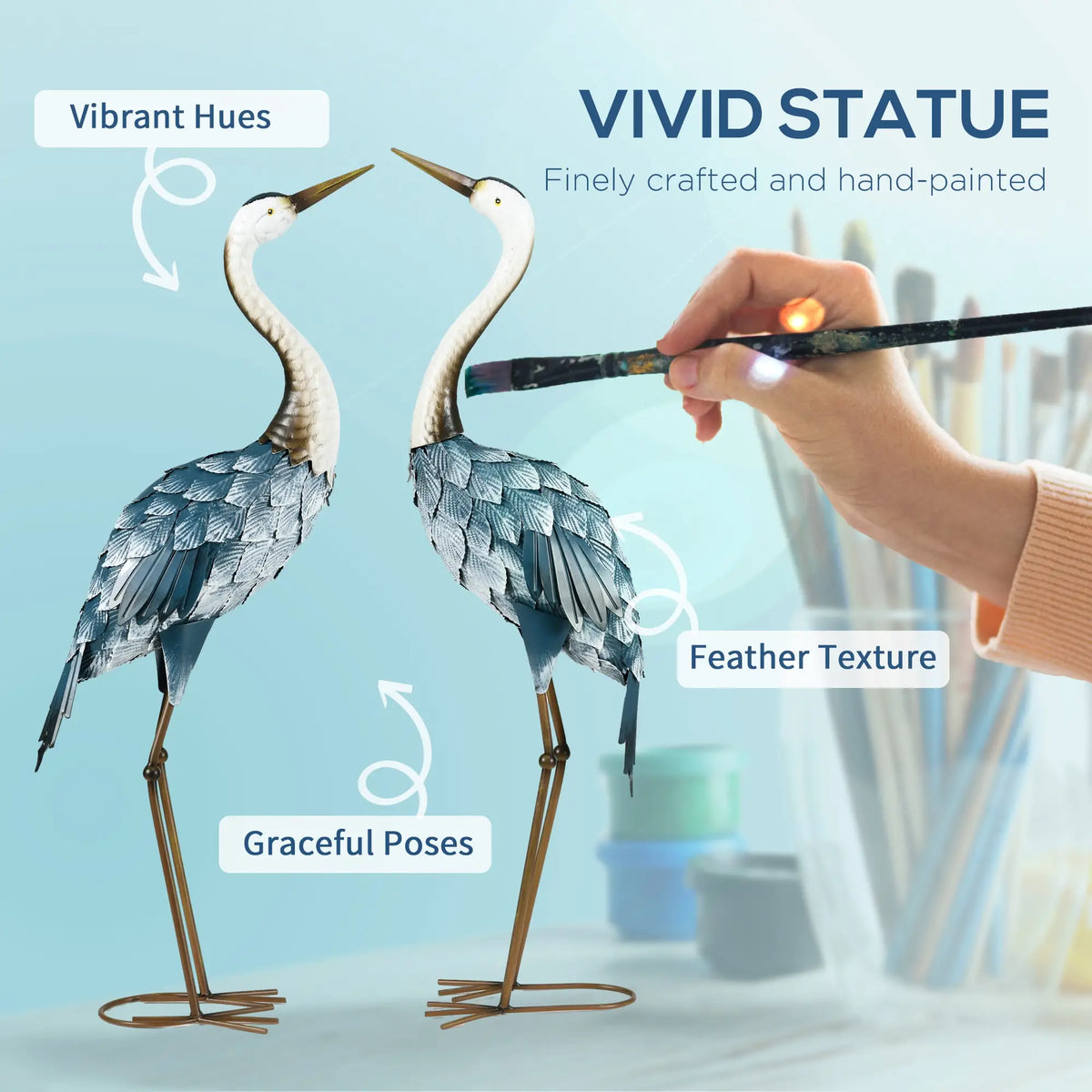Set of 2 Crane Garden Sculptures, 28.5"-29.1", Blue Garden Decor at Gallery Canada