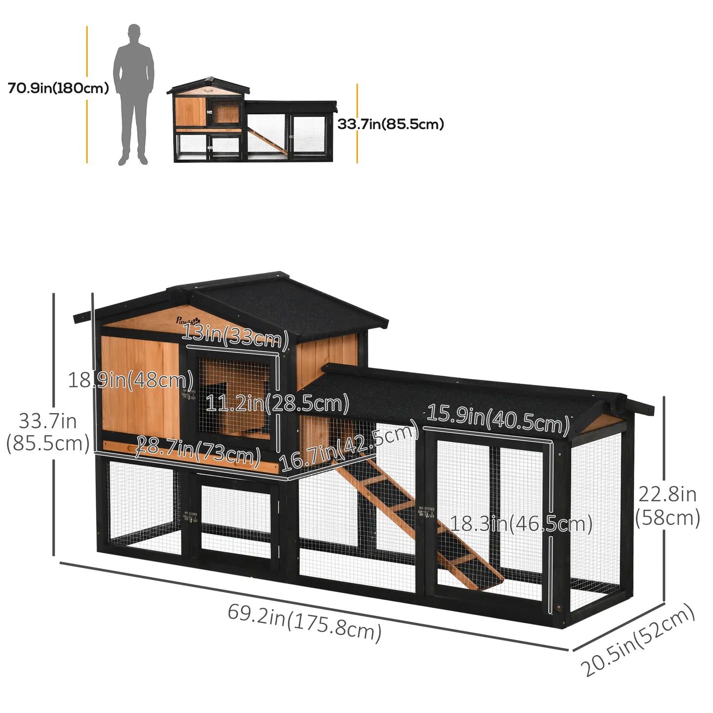 Wooden Rabbit Hutch, 69", with Run Box, Slide-out Tray, Ramp, Black Rabbit Hutch at Gallery Canada